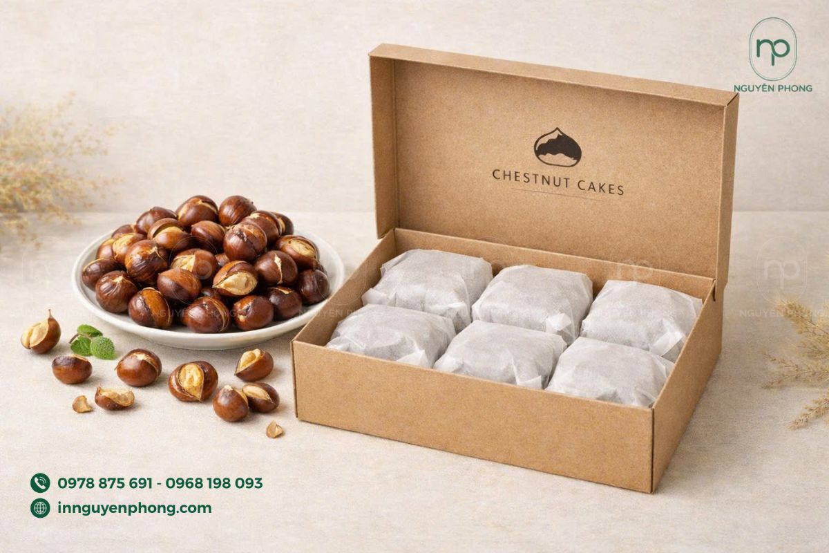 In hộp giấy đựng bánh hạt dẻ